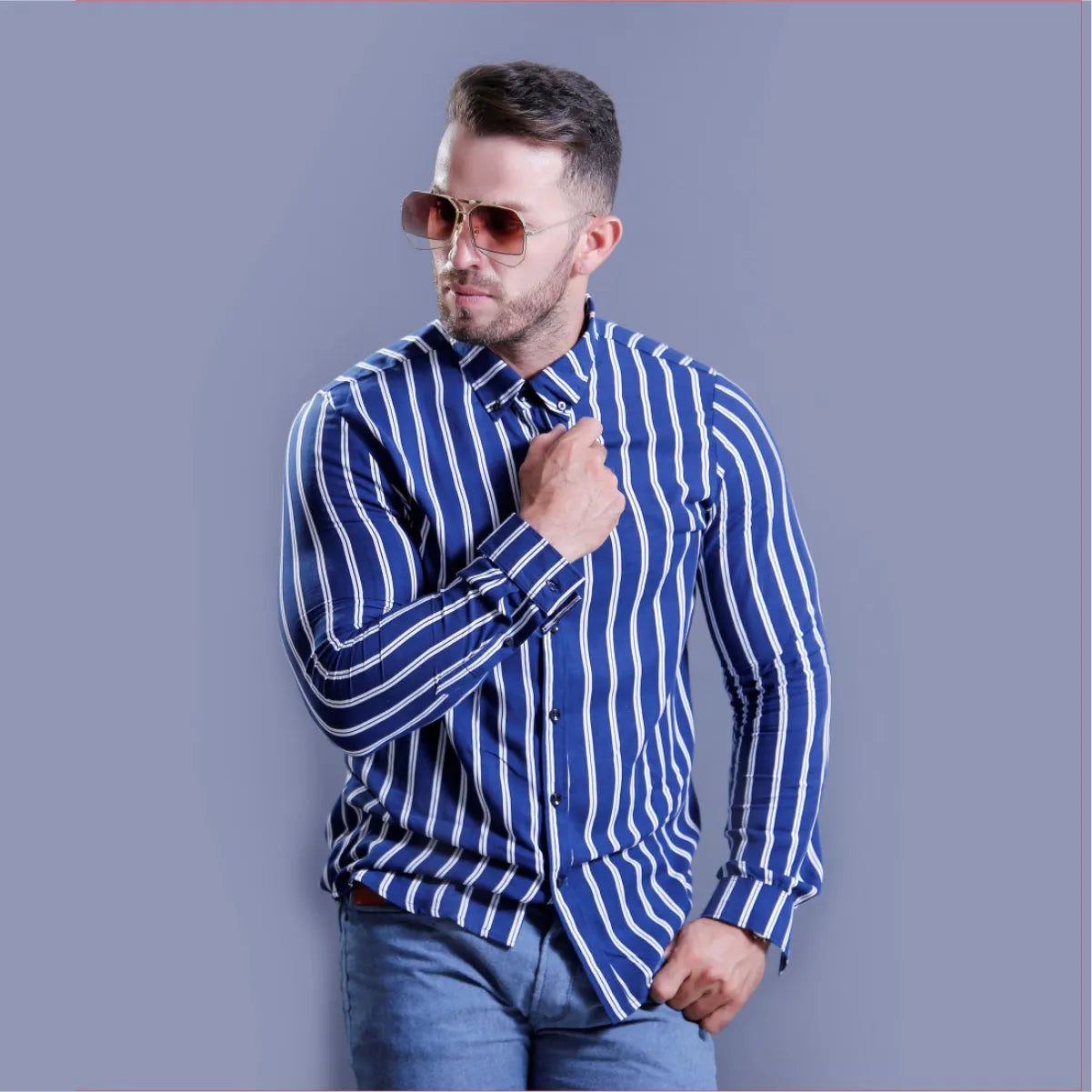 Camisa Manga Larga Azul Rayas Blancas