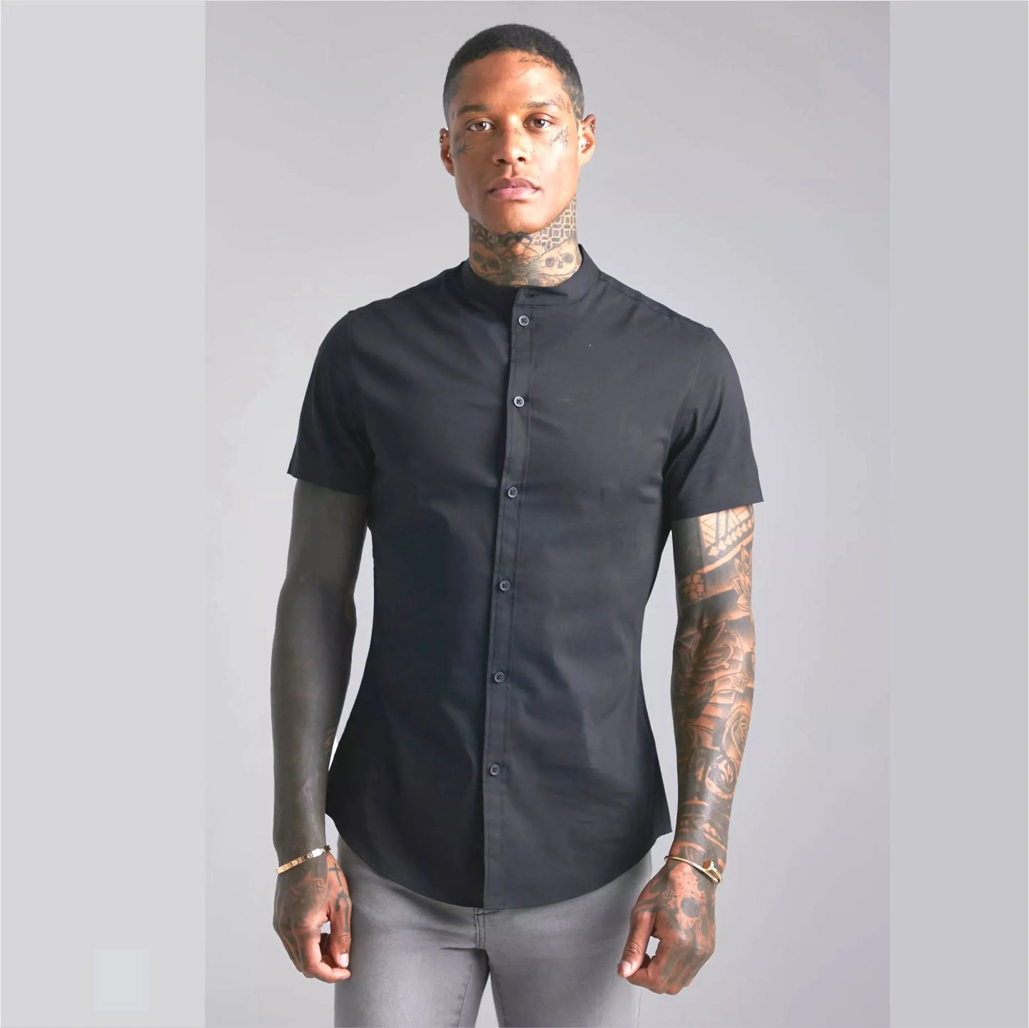 Camisa Manga Corta Black Cuello Mao