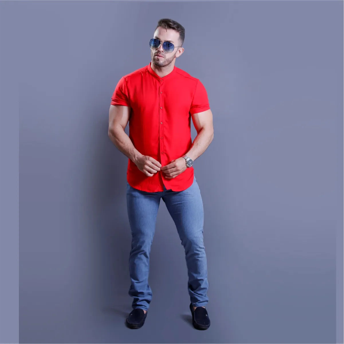 Camisa Manga Corta Rojo Cuello Mao