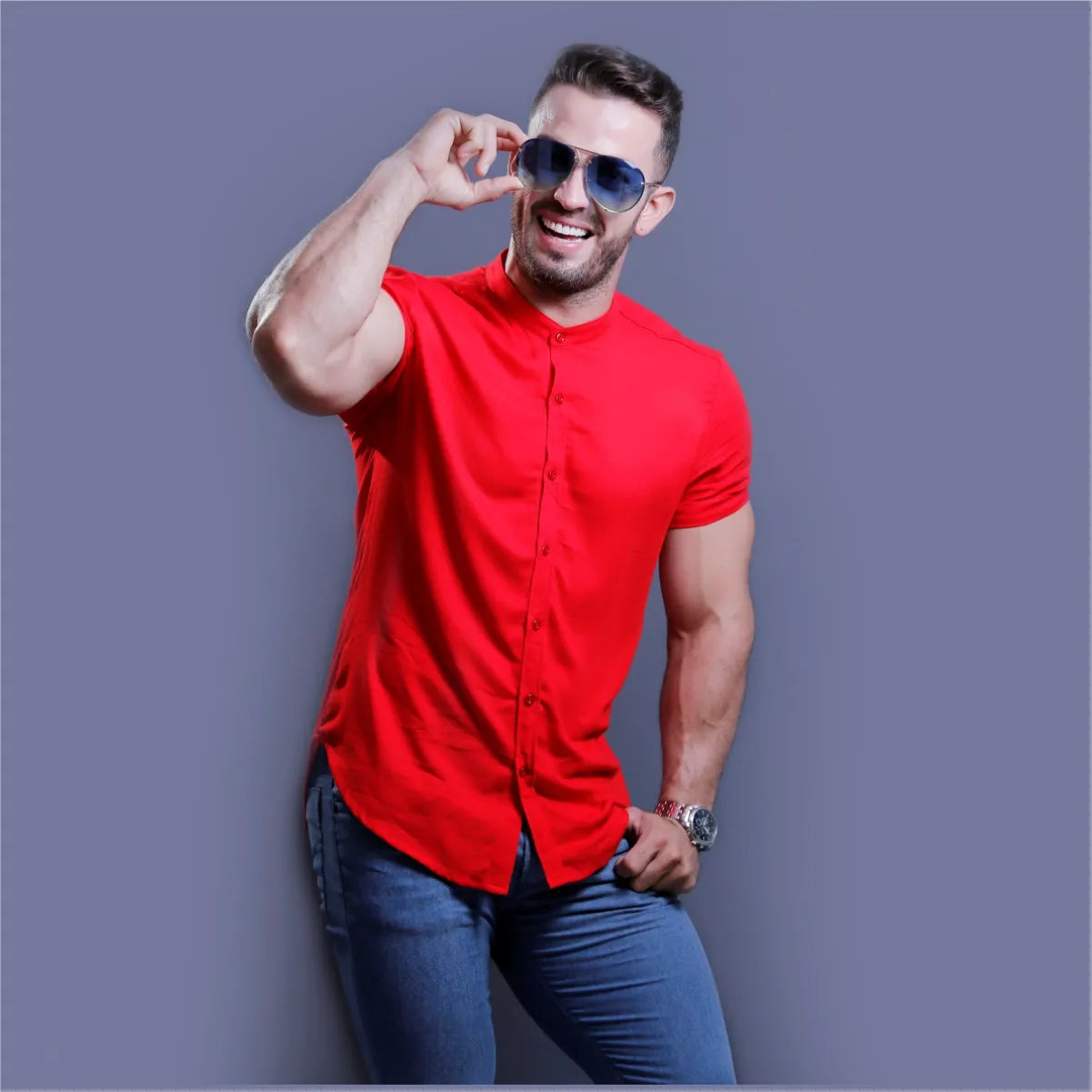 Camisa Manga Corta Rojo Cuello Mao