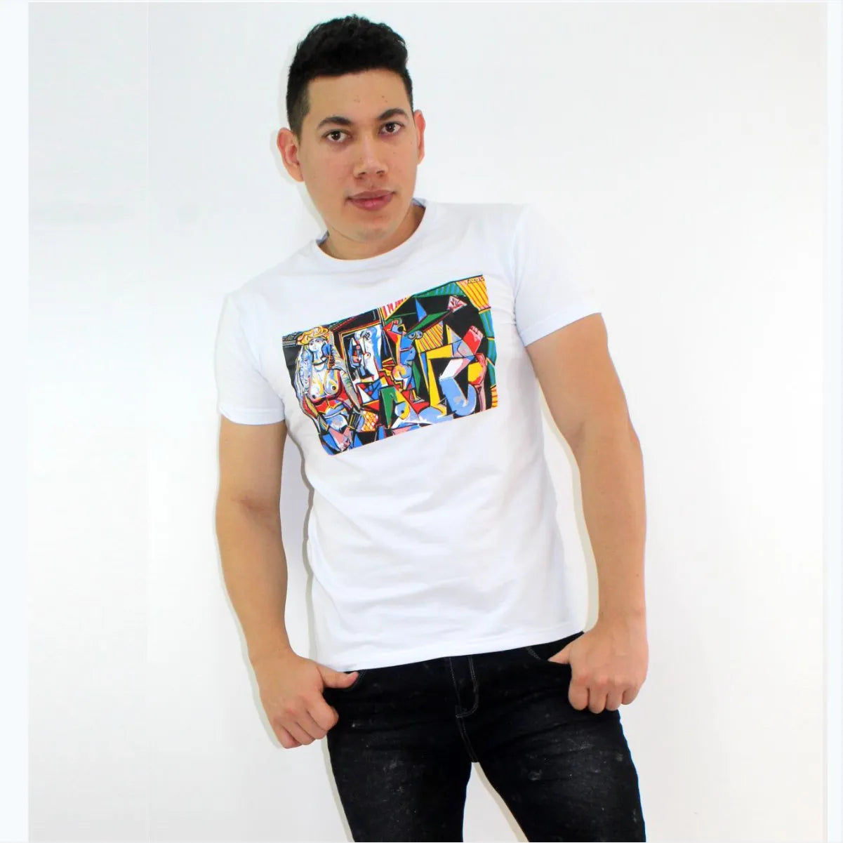 Camiseta Cubismo Blanco Cuello Redondo