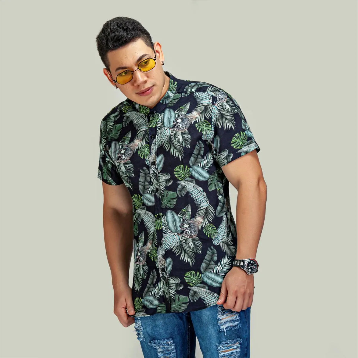 Camisa Manga Corta Negro Tigre Cuello Mao