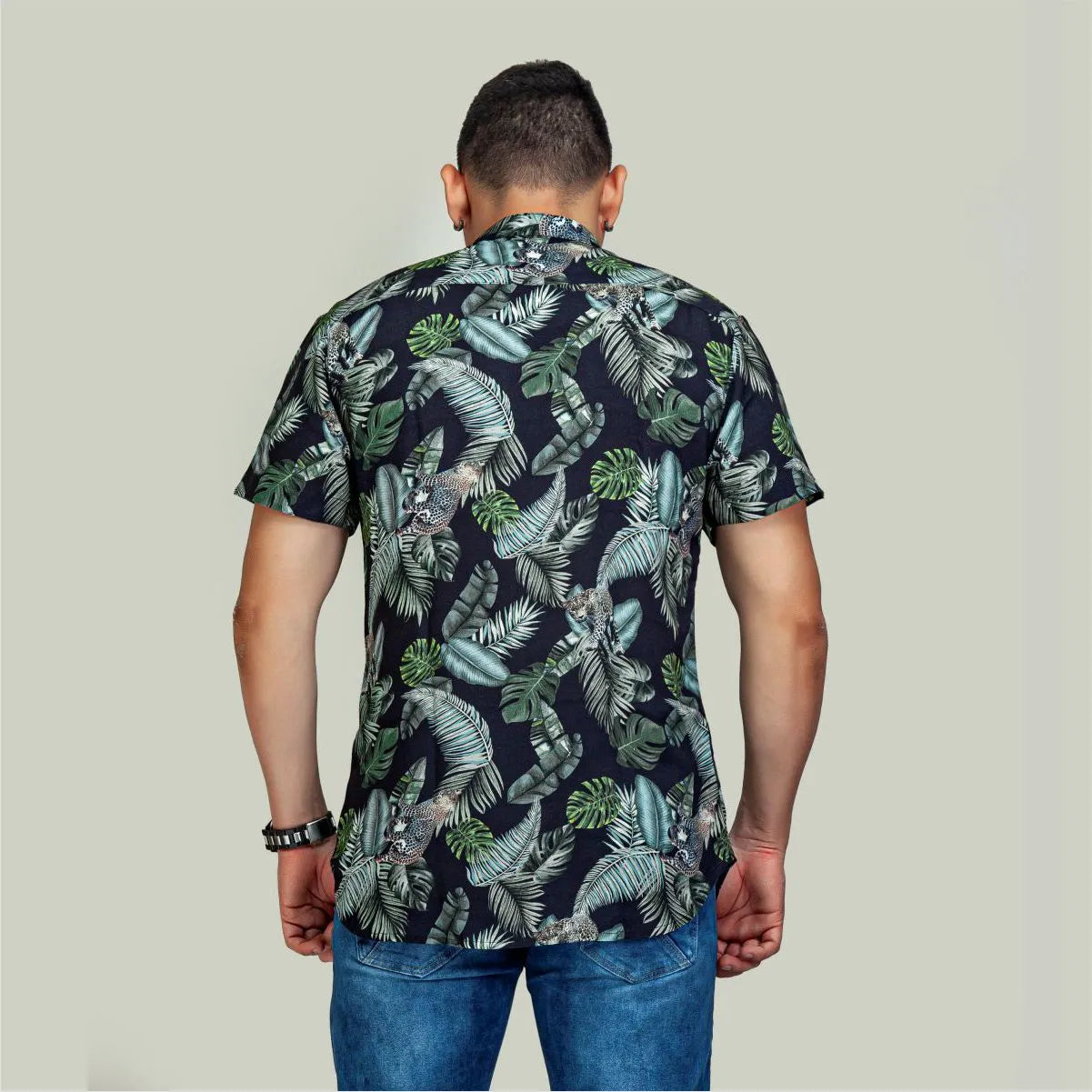 Camisa Manga Corta Negro Tigre Cuello Mao