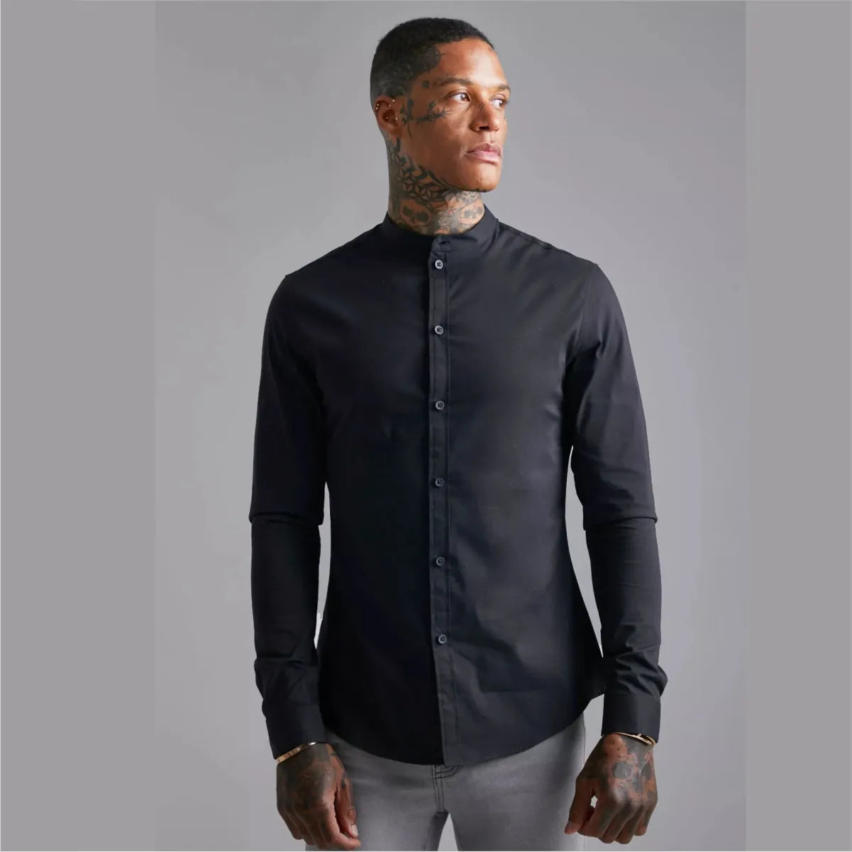 Camisa Manga Larga Black Cuello Mao