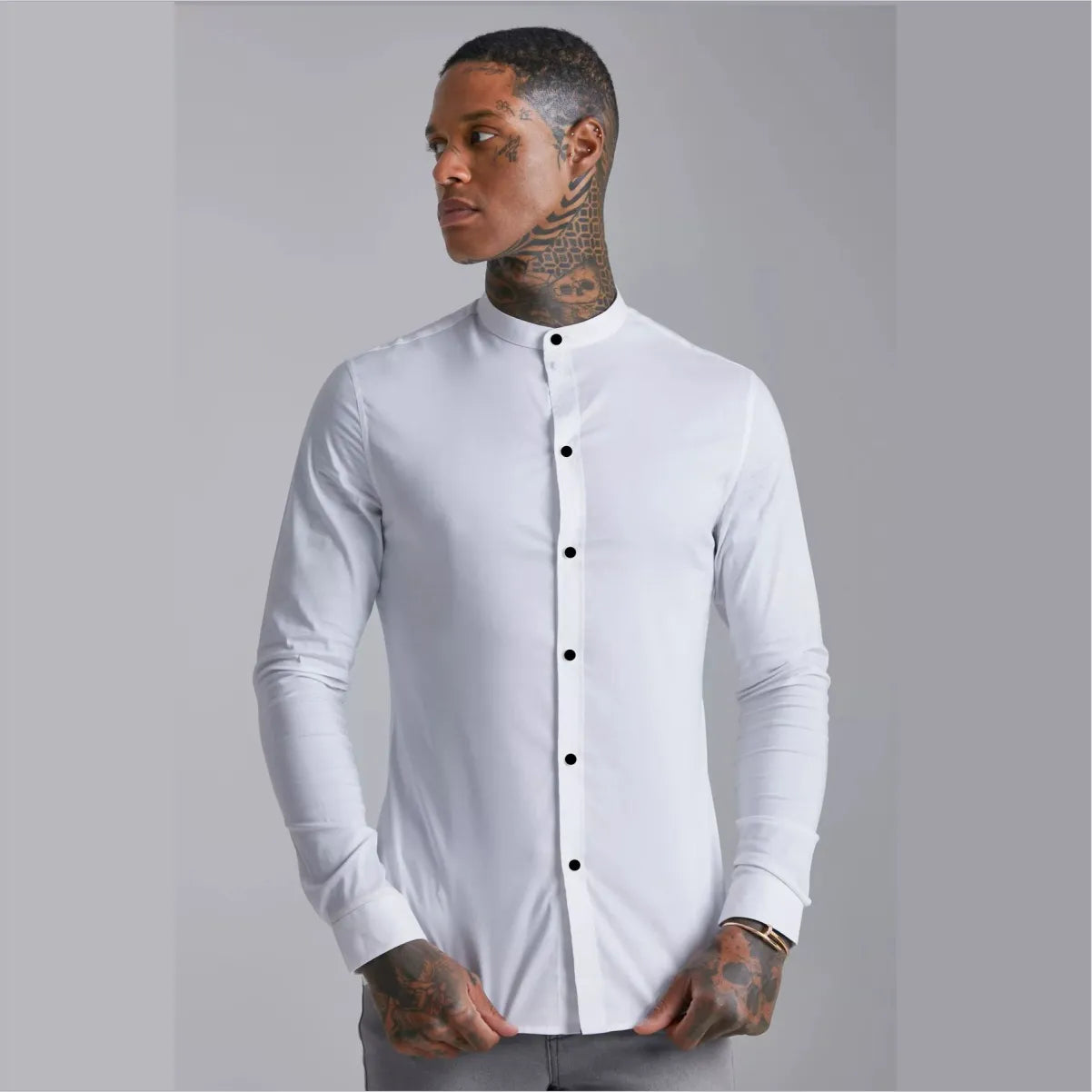 Camisa Manga Larga Blanco Cuello Mao