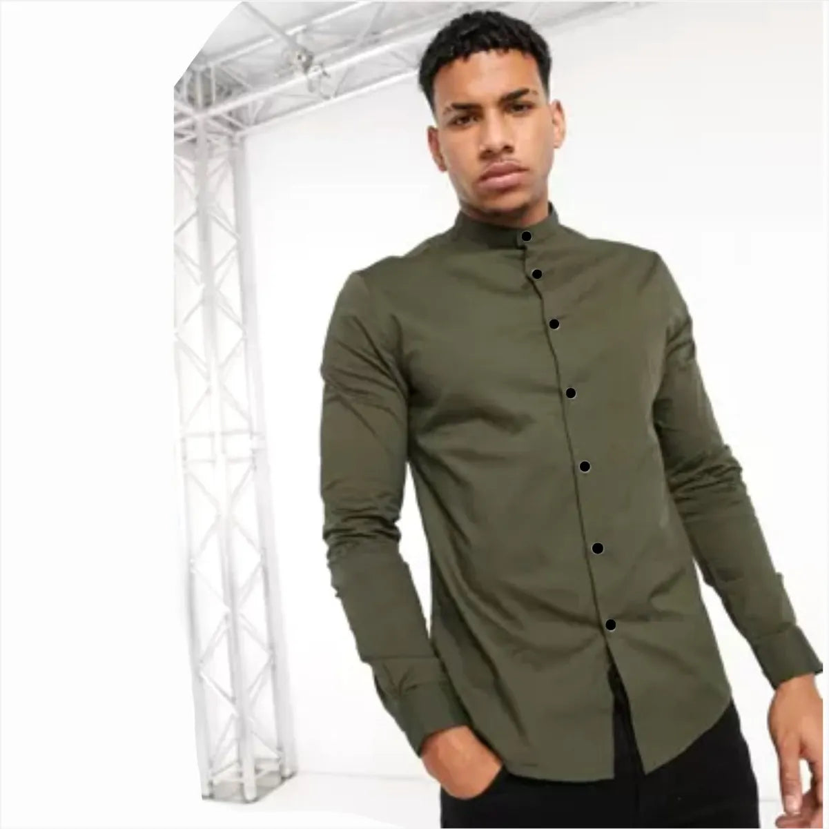 Camisa Manga Larga Verde Militar Cuello Mao