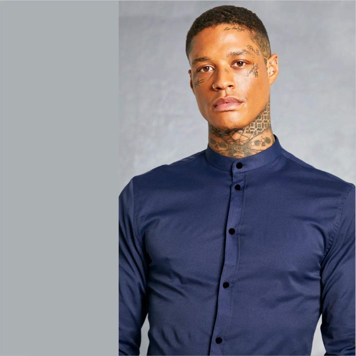 Camisa Manga Larga Azul Oscuro Cuello Mao