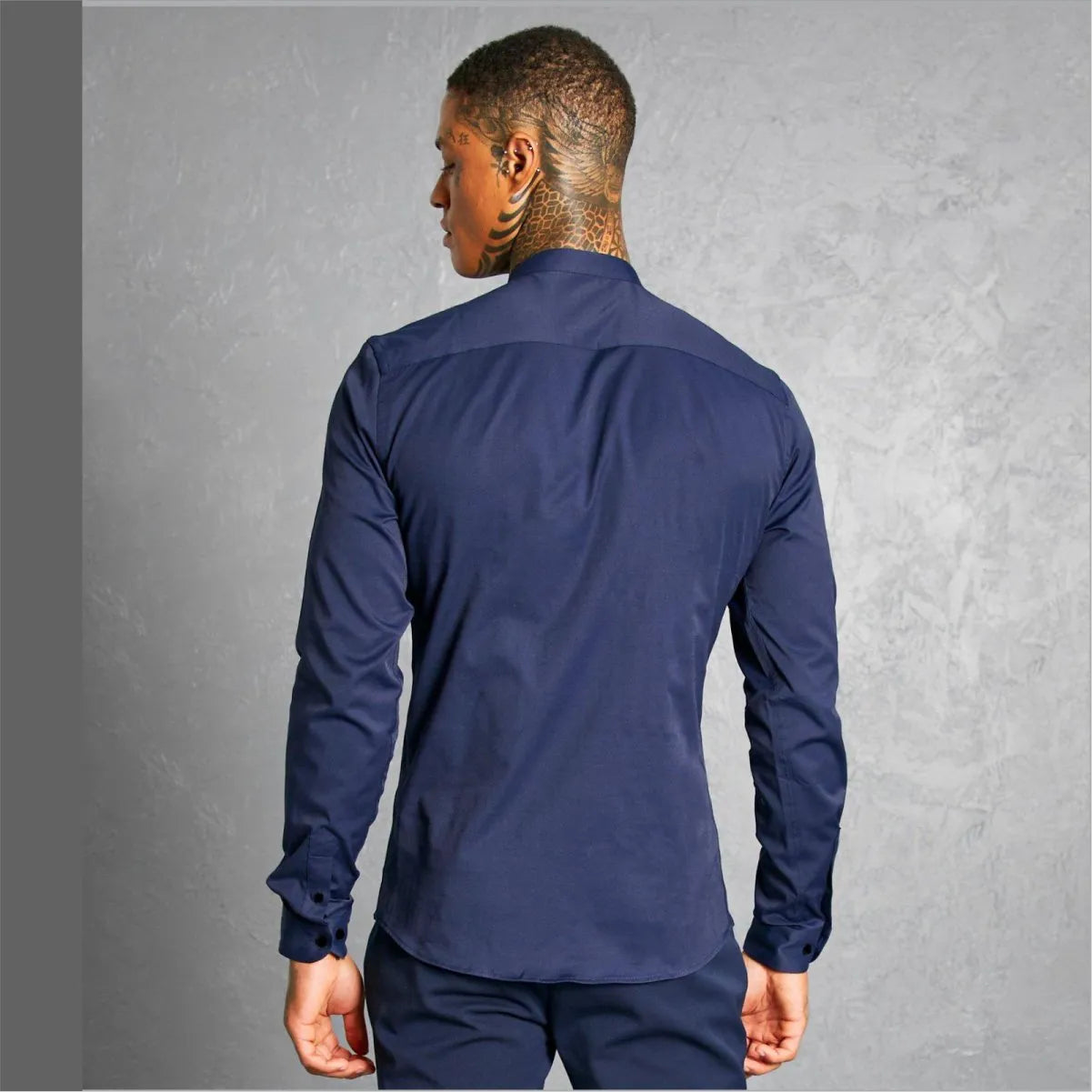 Camisa Manga Larga Azul Oscuro Cuello Mao