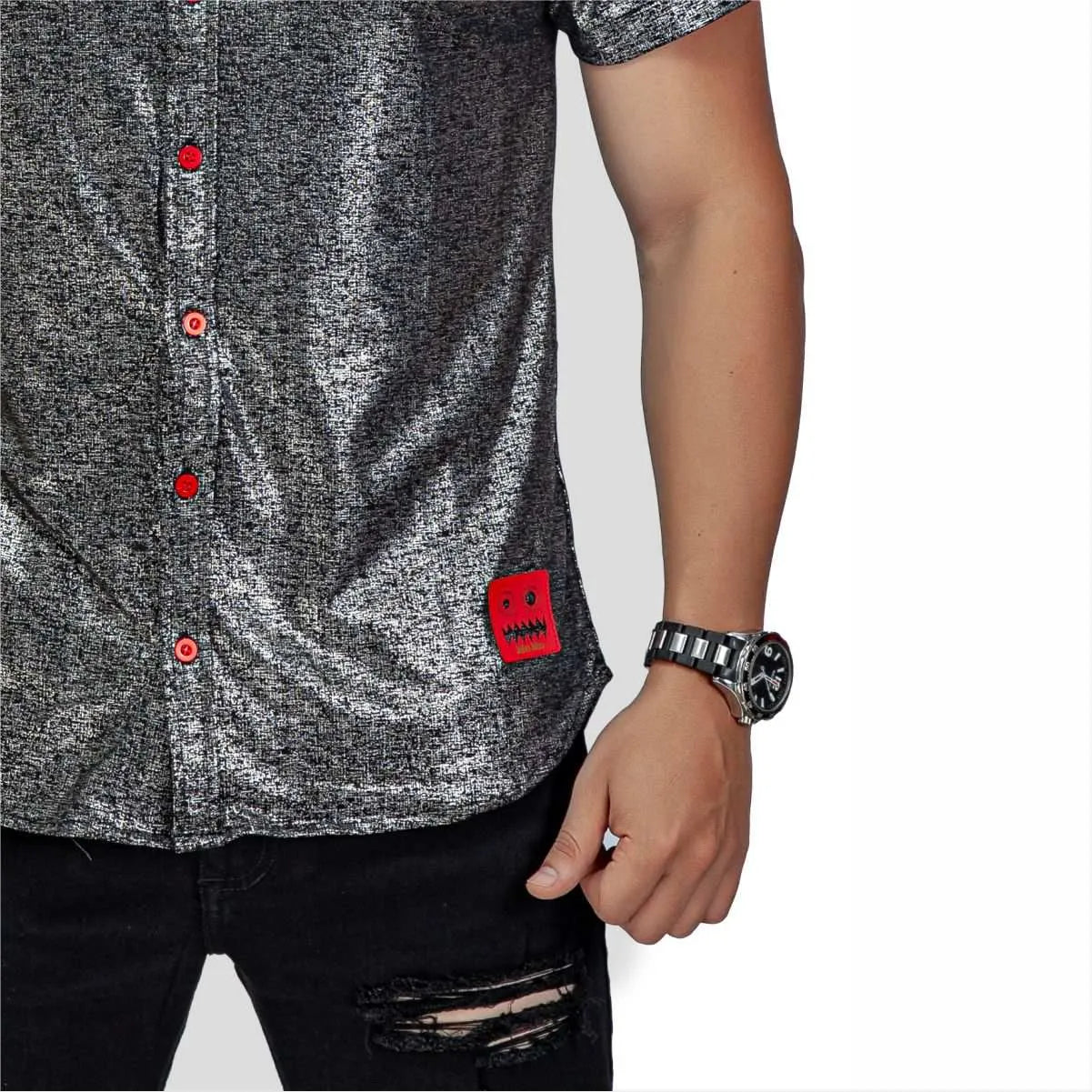 Camisa Manga Corta Metal Cuello Mao
