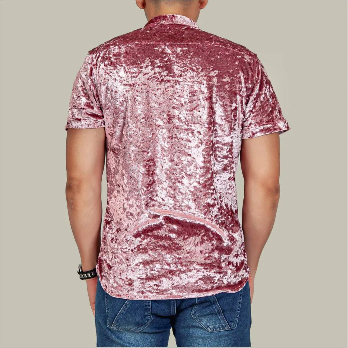 Camisa Manga Corta Resplandor Purpura Plata Cuello Mao