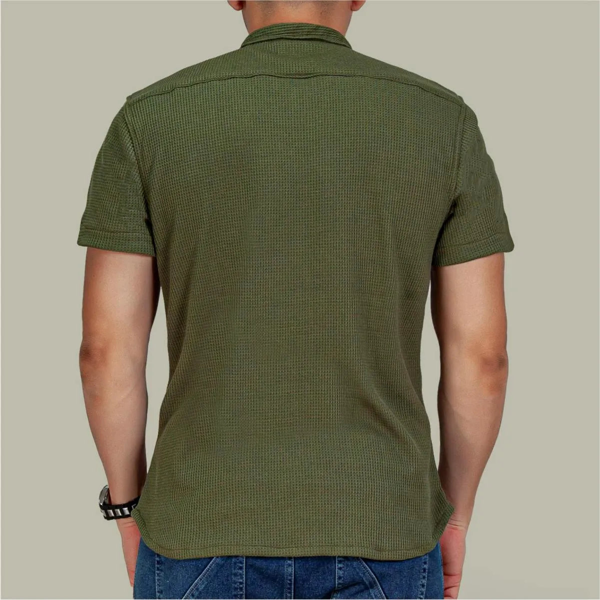 Camisa Manga Corta Galleta Verde Cuello Mao
