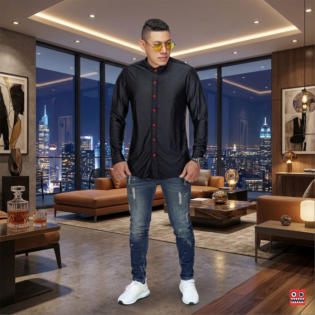 Camisa Manga Larga Radian Black Cuello Mao