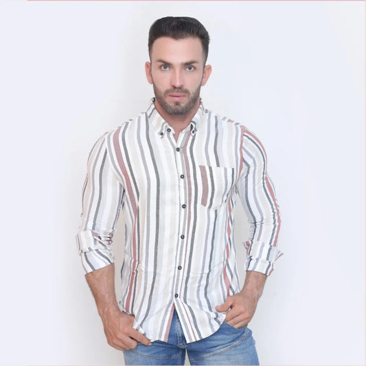 Camisa Manga Larga Rayas Vino Gris Mostaza