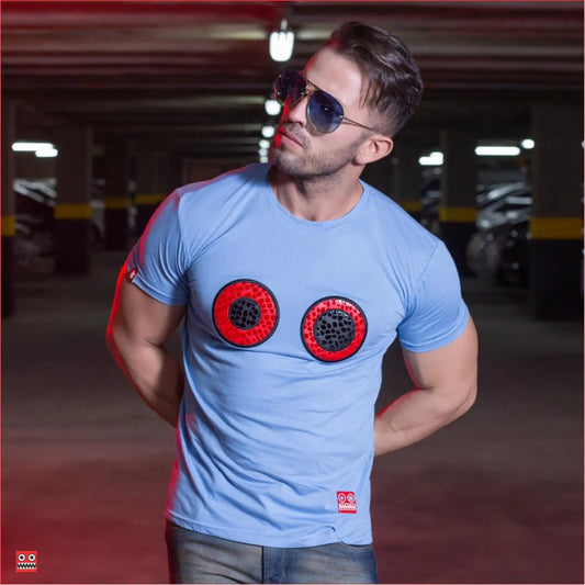 Camiseta Ojos Bordados Pixelados Azul Cuello Redondo