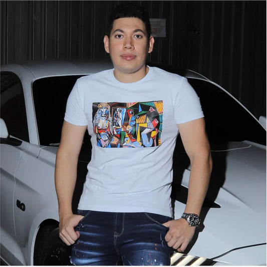 Camiseta Cubismo Blanco Cuello Redondo