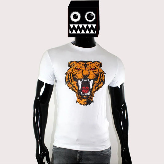Camiseta Tigre Colmillos Blanco Cuello Redondo