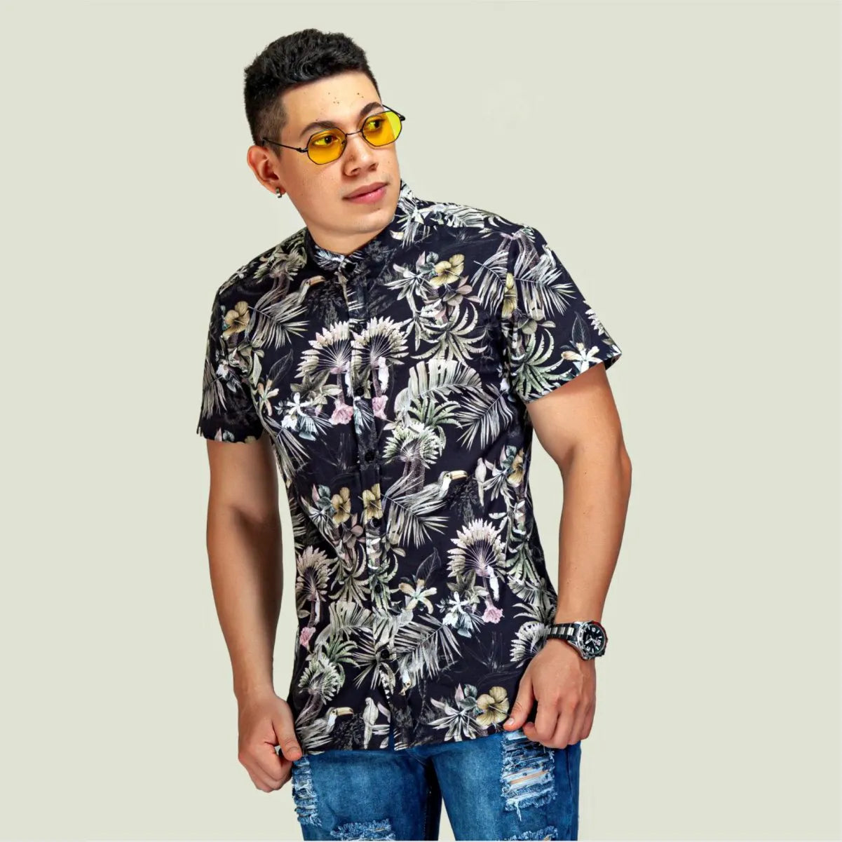 Camisa Manga Coerta Tropical Black