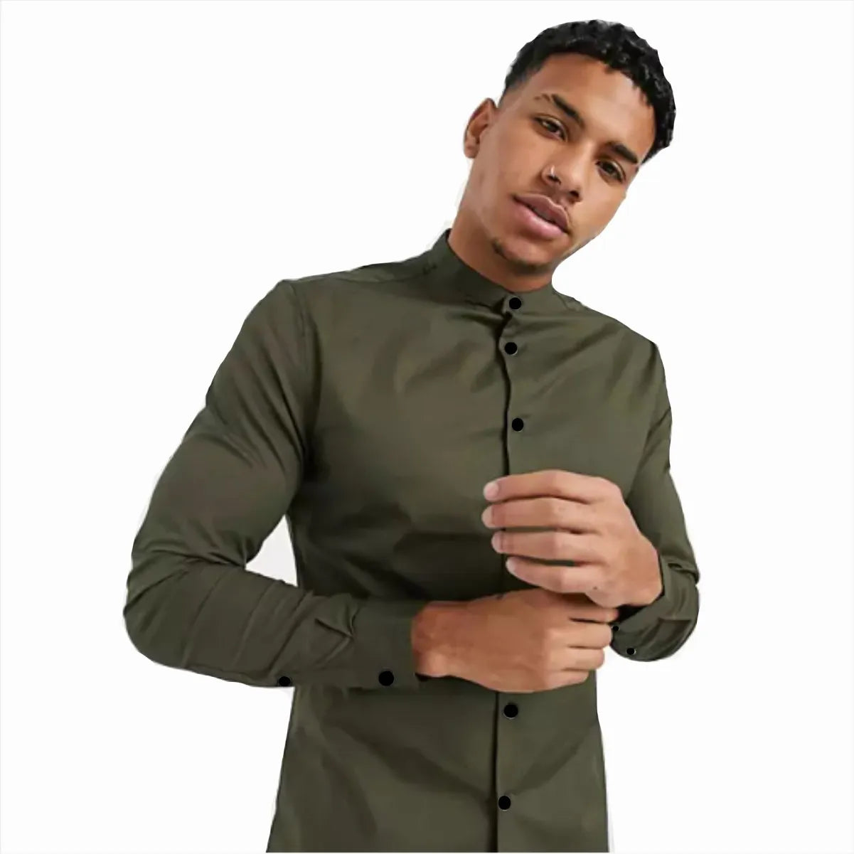 Camisa Manga Larga Verde Militar Cuello Mao
