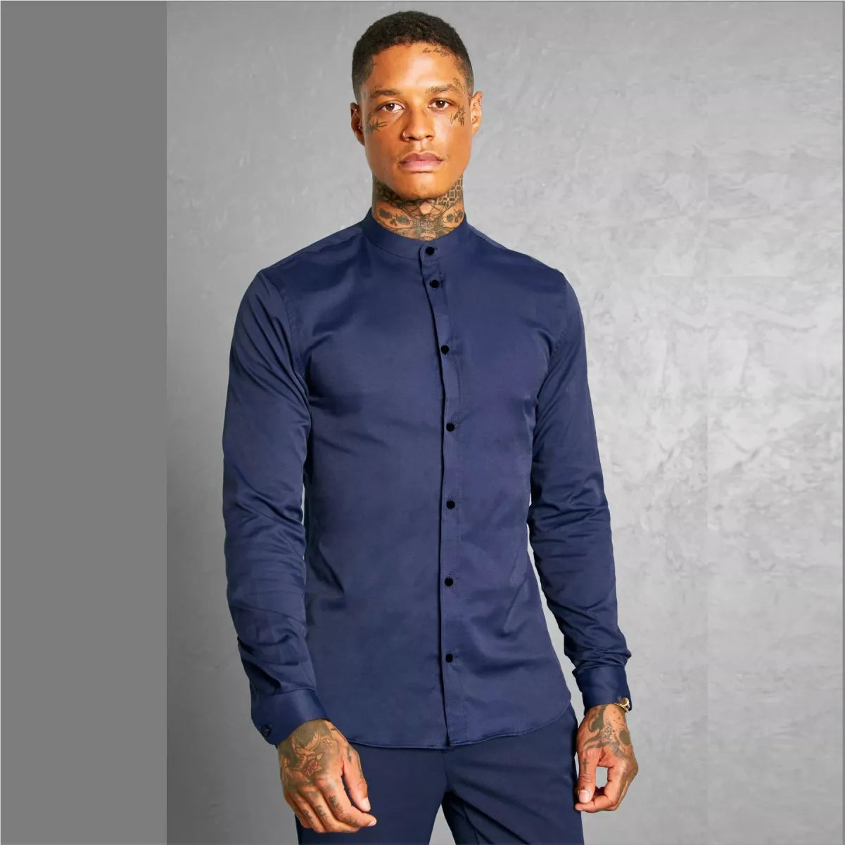 Camisa Manga Larga Azul Oscuro Cuello Mao
