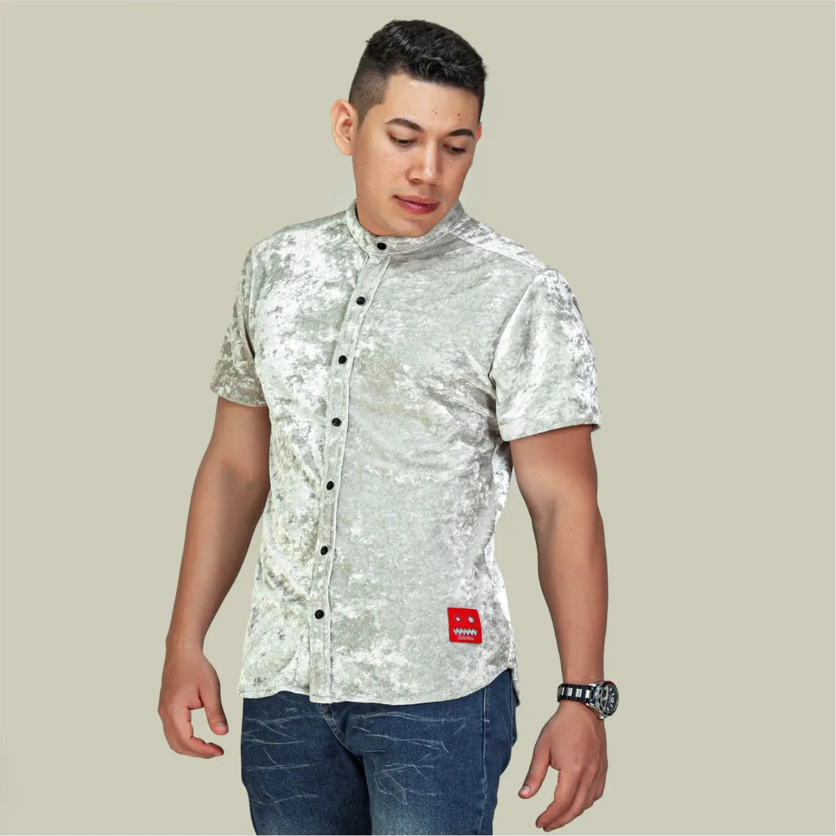 Camisa Manga Corta Resplandor Verde Plata Cuello Mao