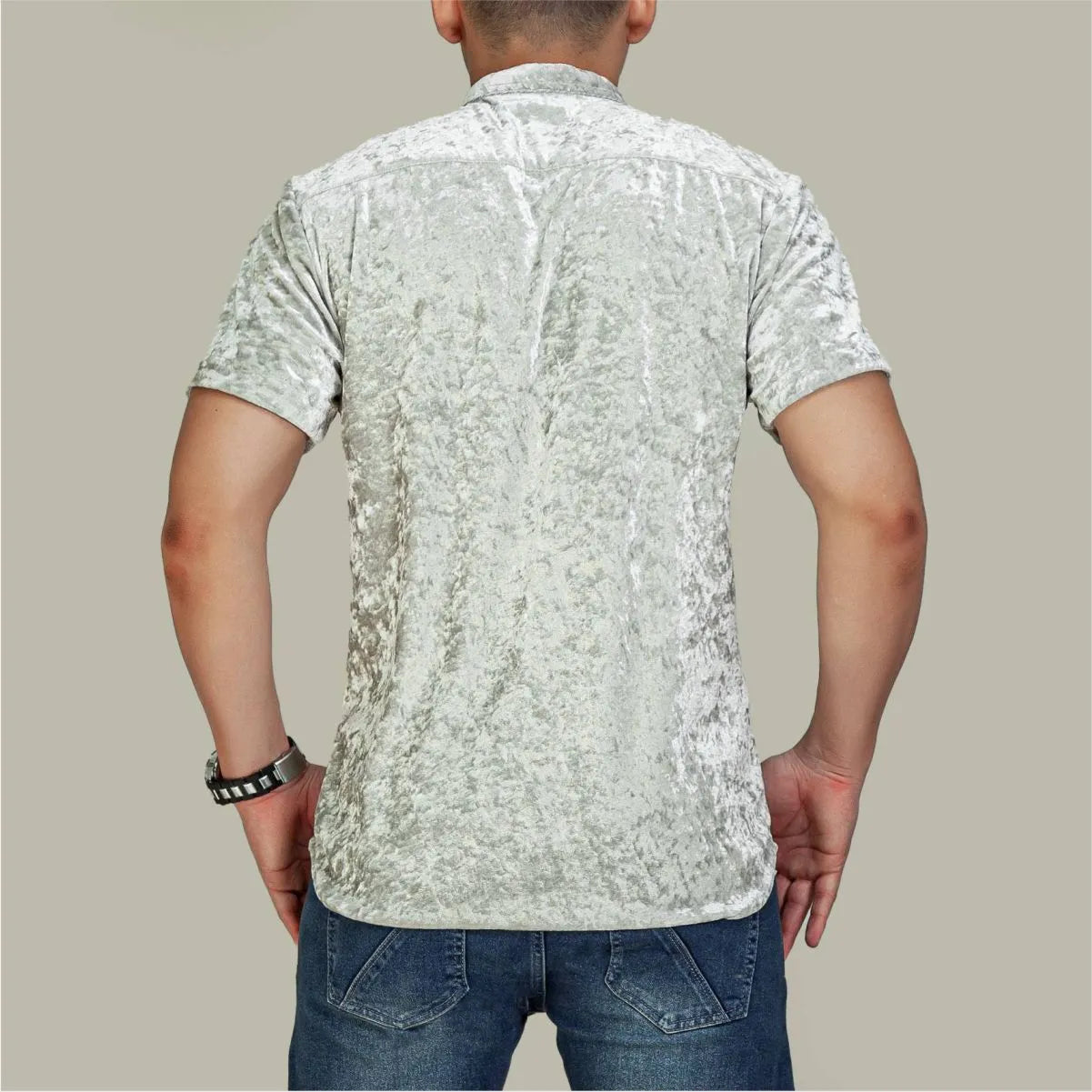 Camisa Manga Corta Resplandor Verde Plata Cuello Mao