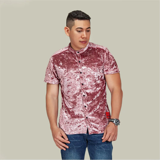 Camisa Manga Corta Resplandor Purpura Plata Cuello Mao