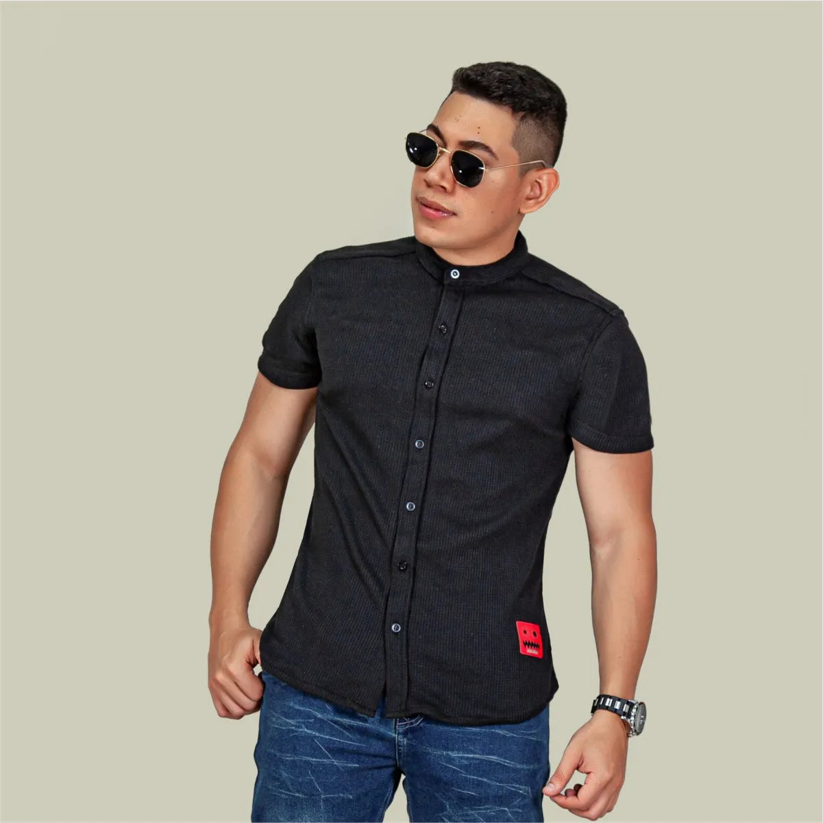 Camisa Manga Corta Galleta Negro Cuello Mao