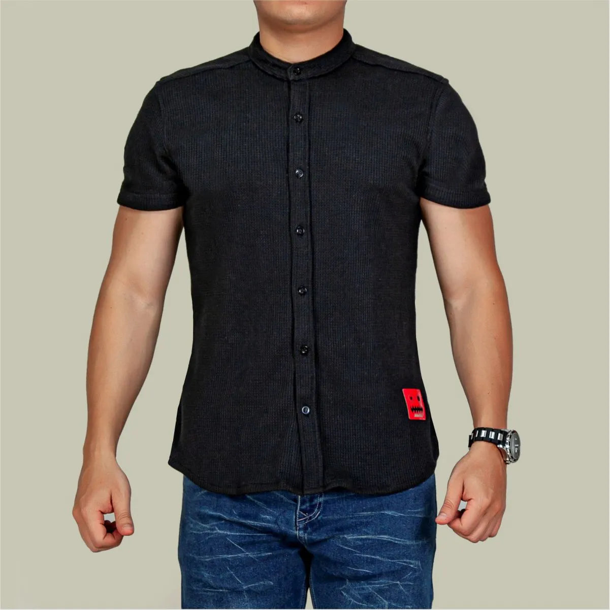 Camisa Manga Corta Galleta Negro Cuello Mao