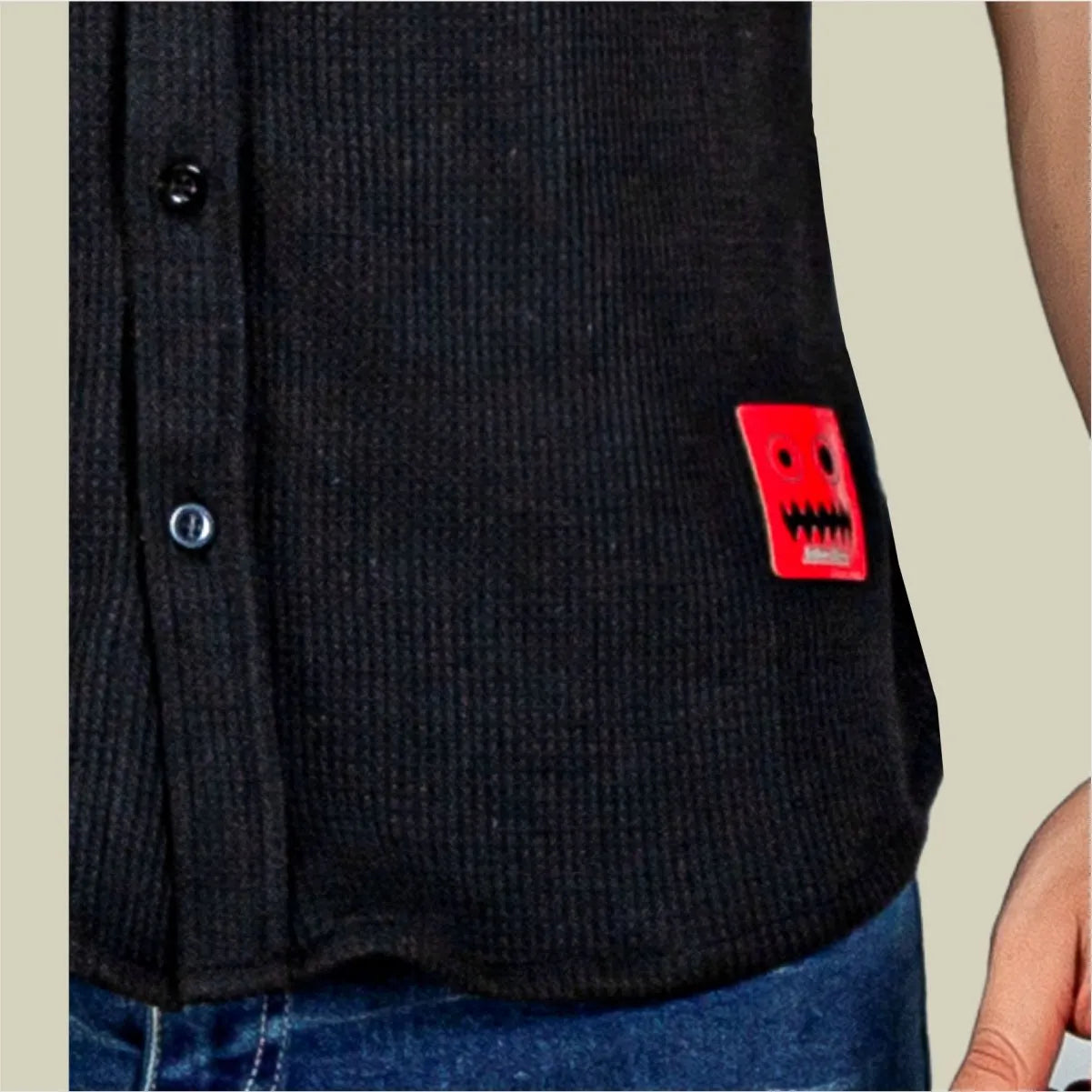 Camisa Manga Corta Galleta Negro Cuello Mao