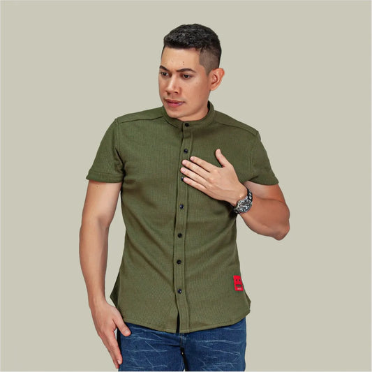 Camisa Manga Corta Galleta Verde Cuello Mao
