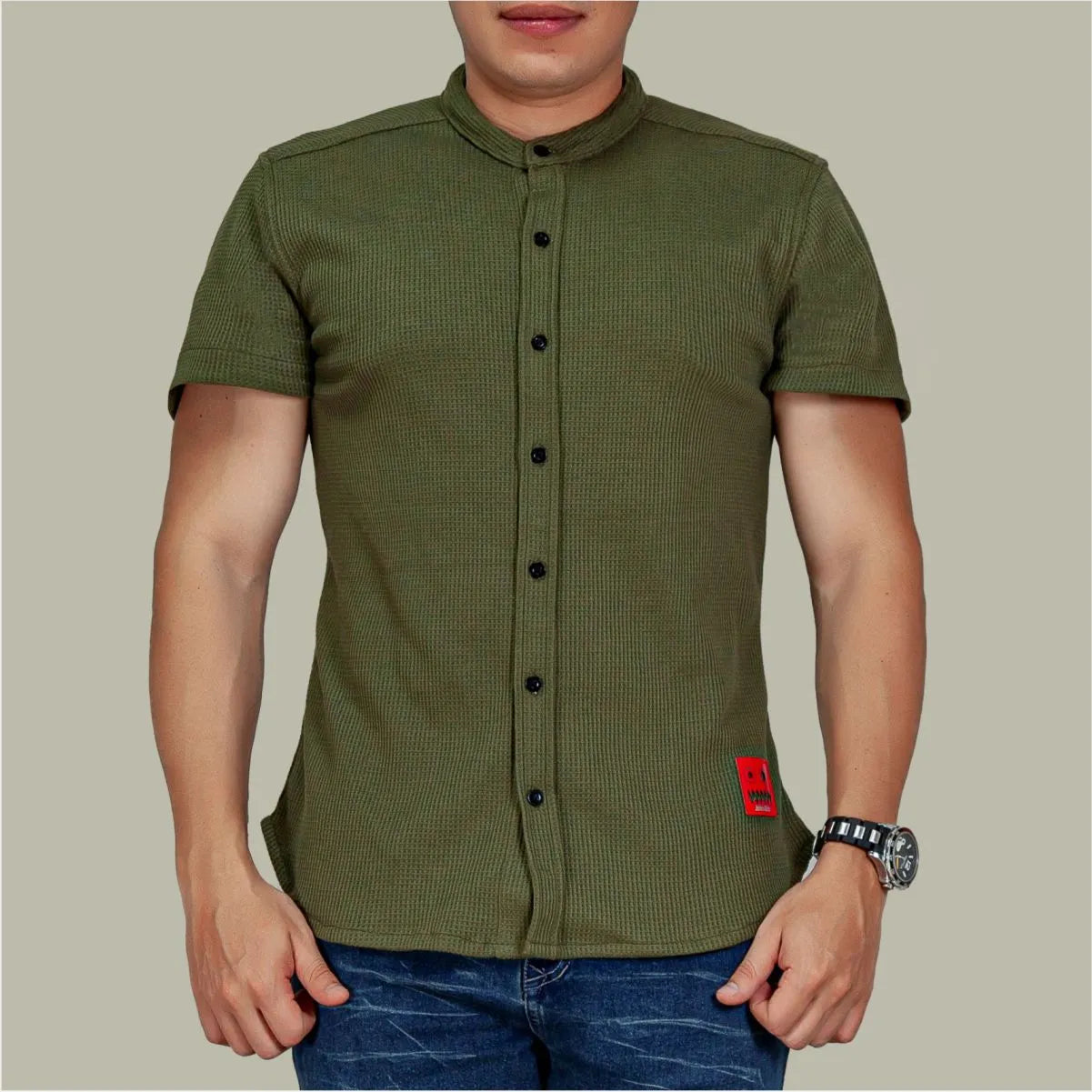 Camisa Manga Corta Galleta Verde Cuello Mao