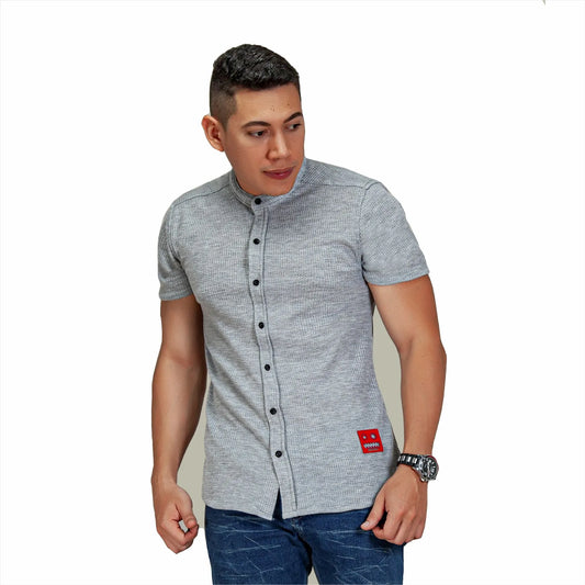 Camisa Manga Corta Galleta Gris Cuello Mao