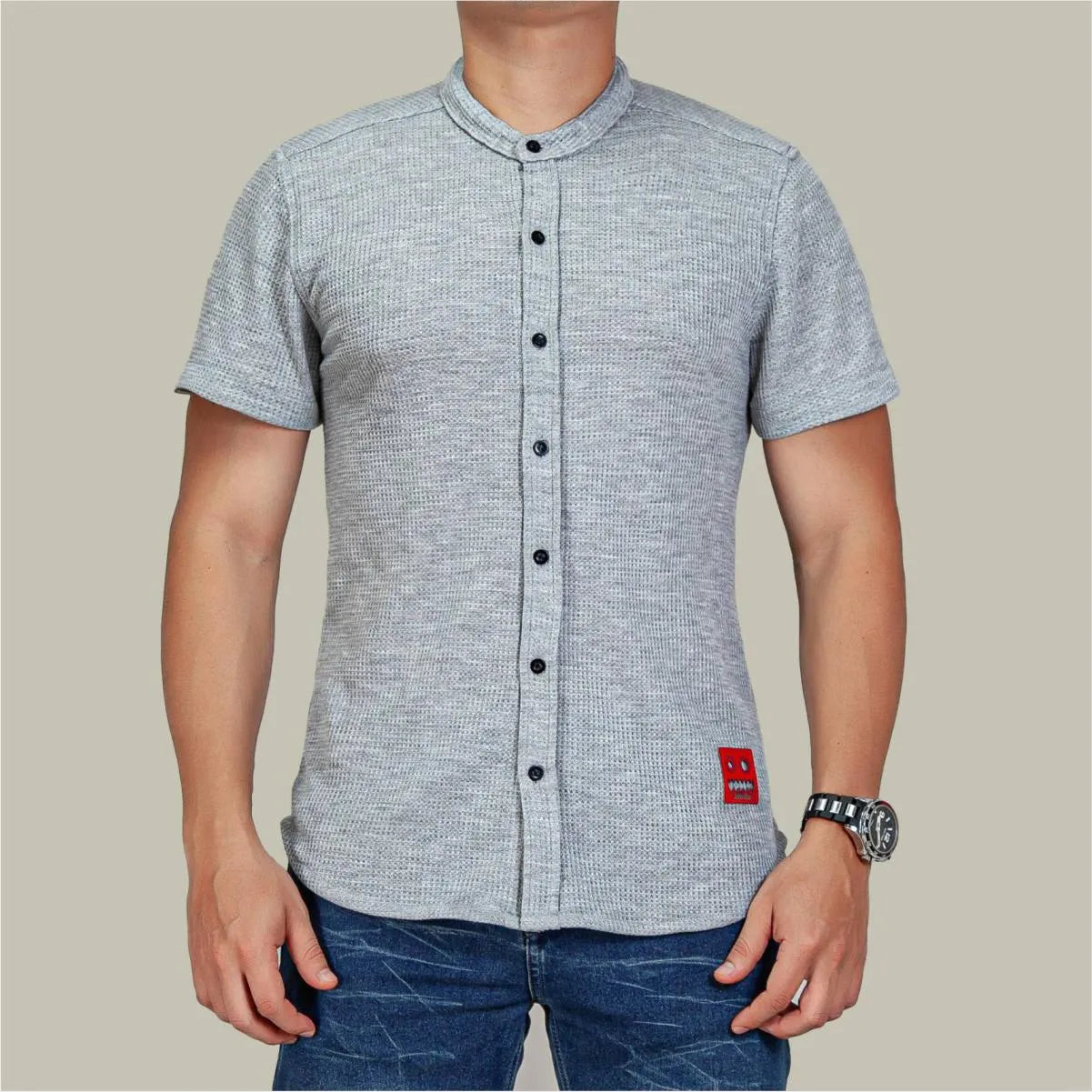 Camisa Manga Corta Galleta Gris Cuello Mao