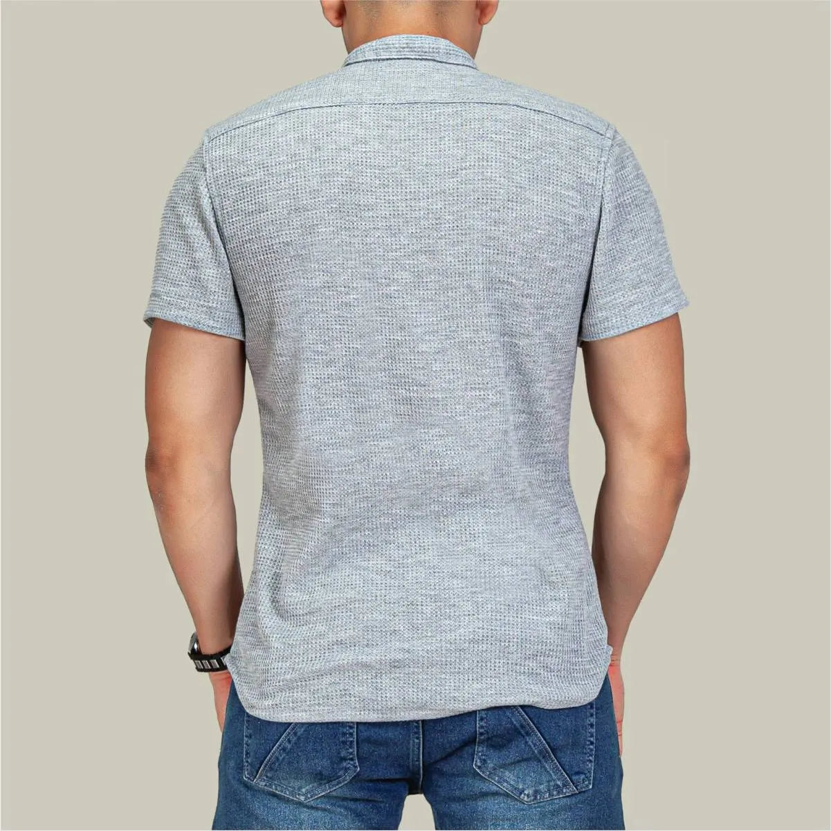 Camisa Manga Corta Galleta Gris Cuello Mao