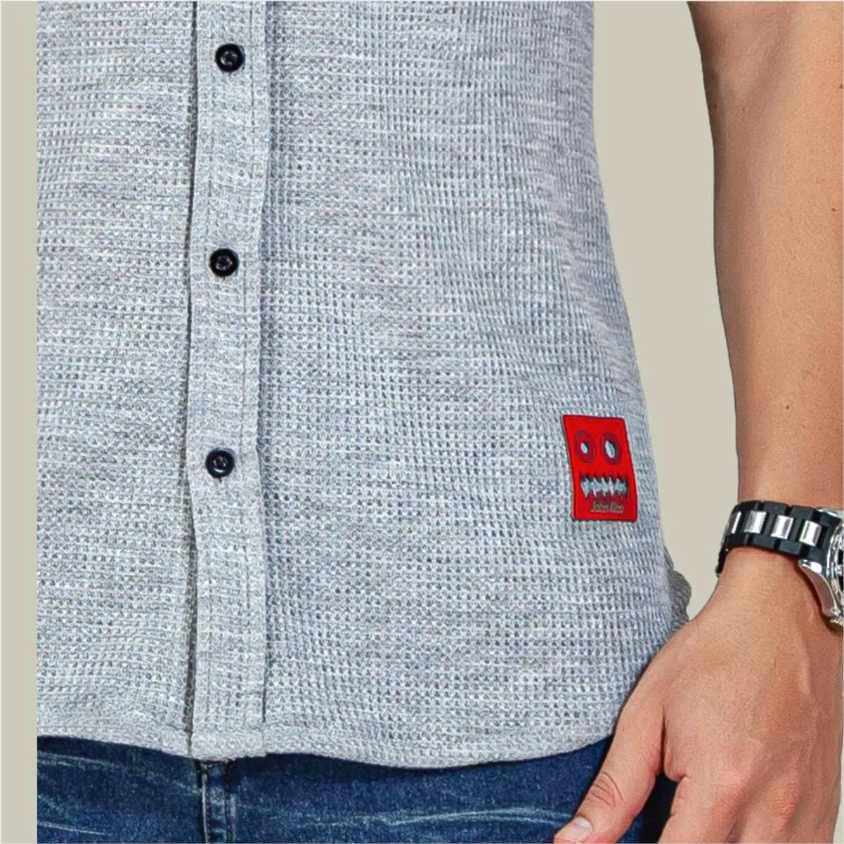 Camisa Manga Corta Galleta Gris Cuello Mao