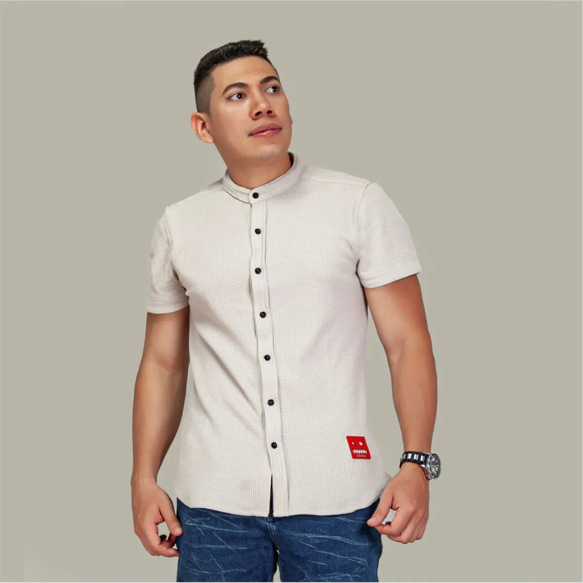 Camisa Manga Corta Galleta Beige Cuello Mao