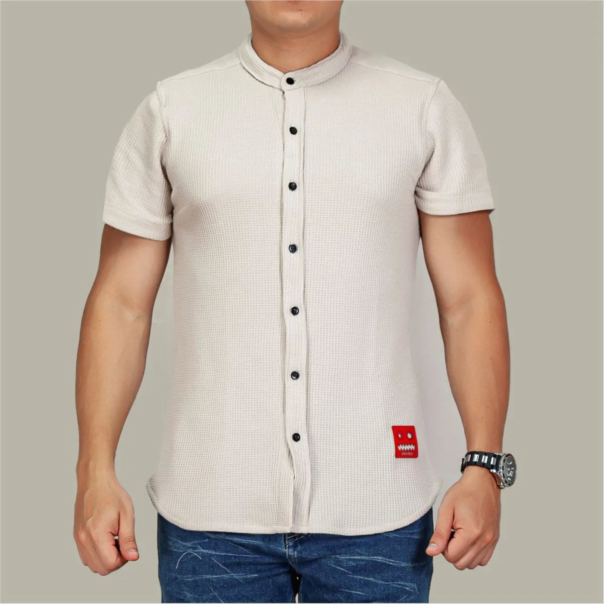 Camisa Manga Corta Galleta Beige Cuello Mao