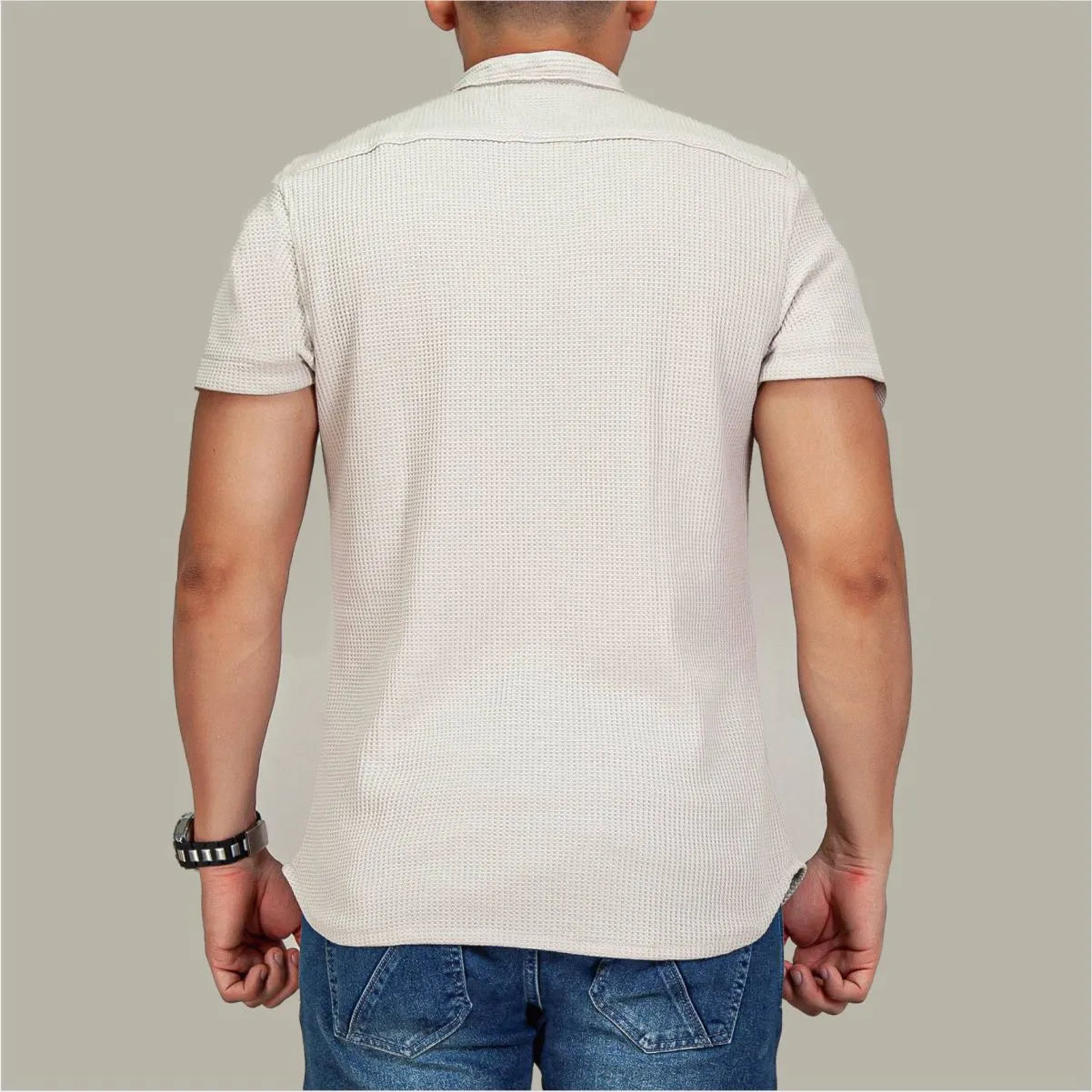 Camisa Manga Corta Galleta Beige Cuello Mao