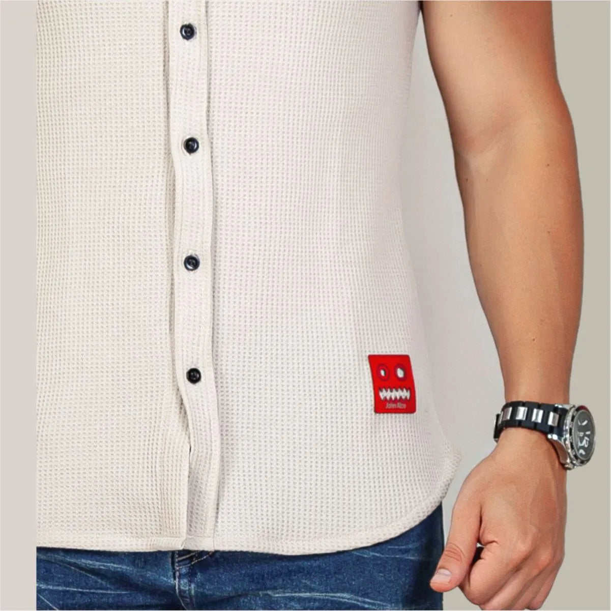 Camisa Manga Corta Galleta Beige Cuello Mao