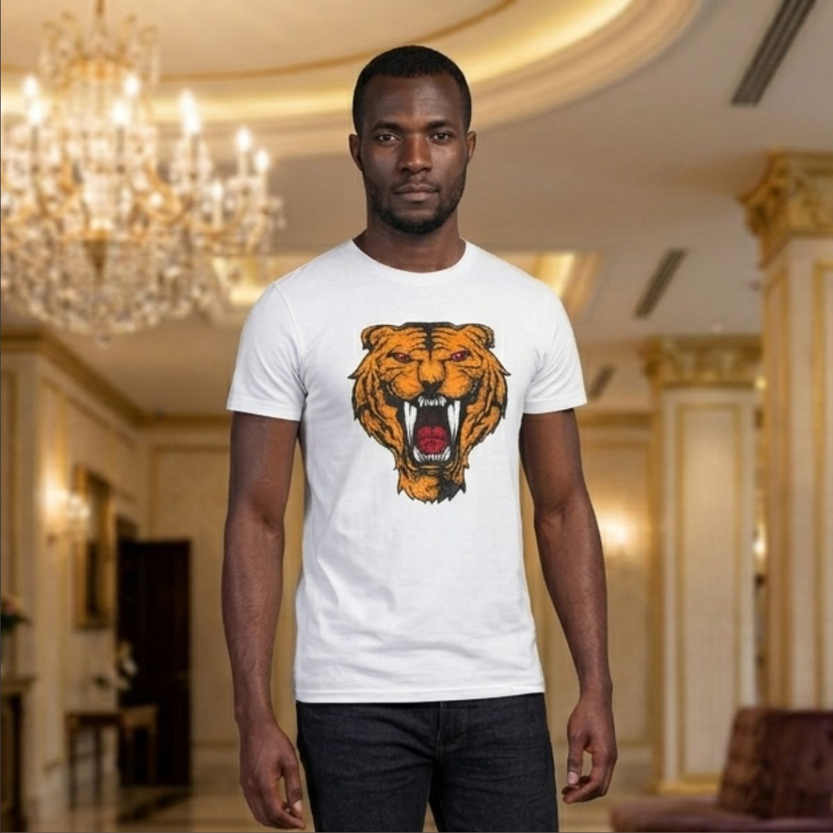 Camiseta Tigre Colmillos Blanco Cuello Redondo