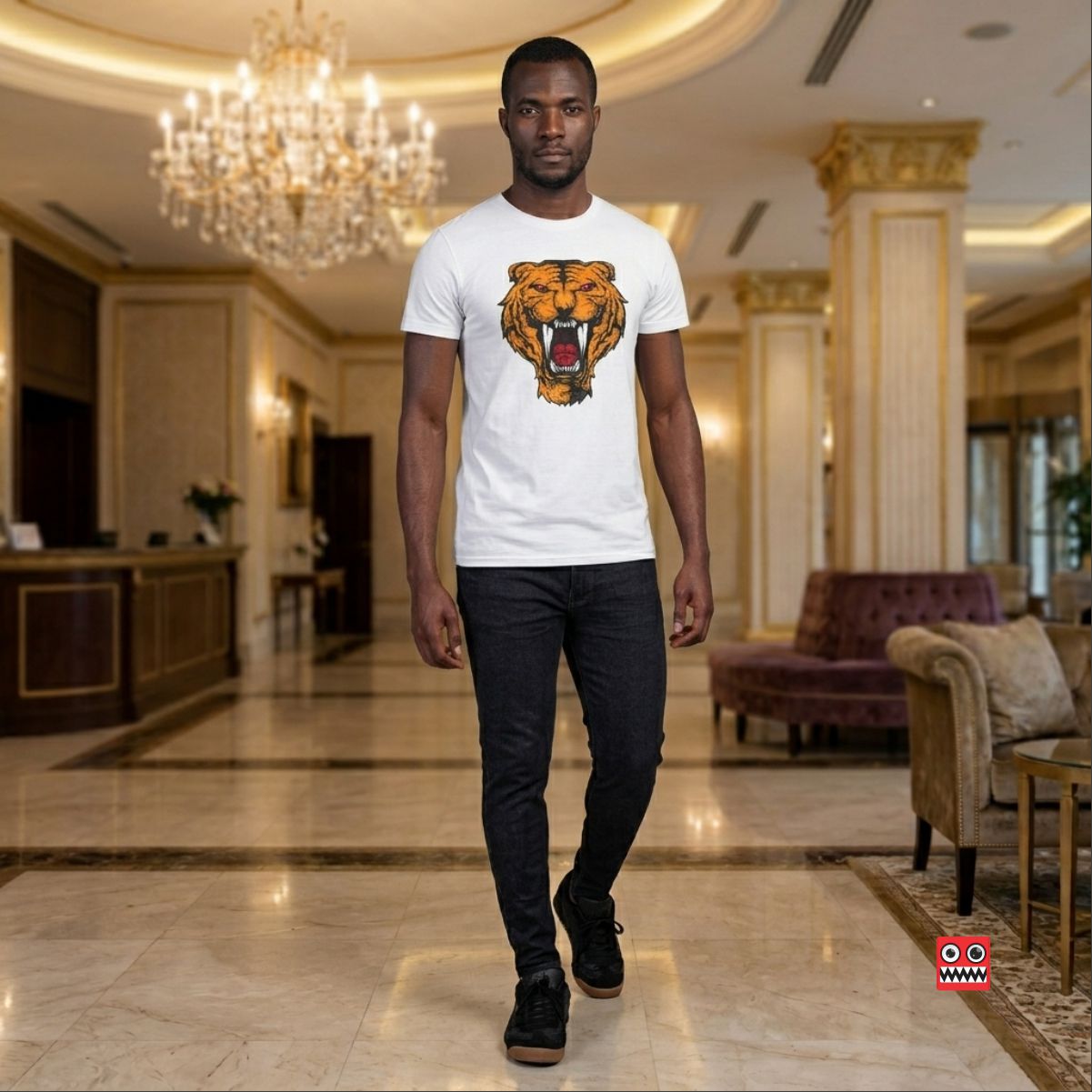 Camiseta Tigre Colmillos Blanco Cuello Redondo