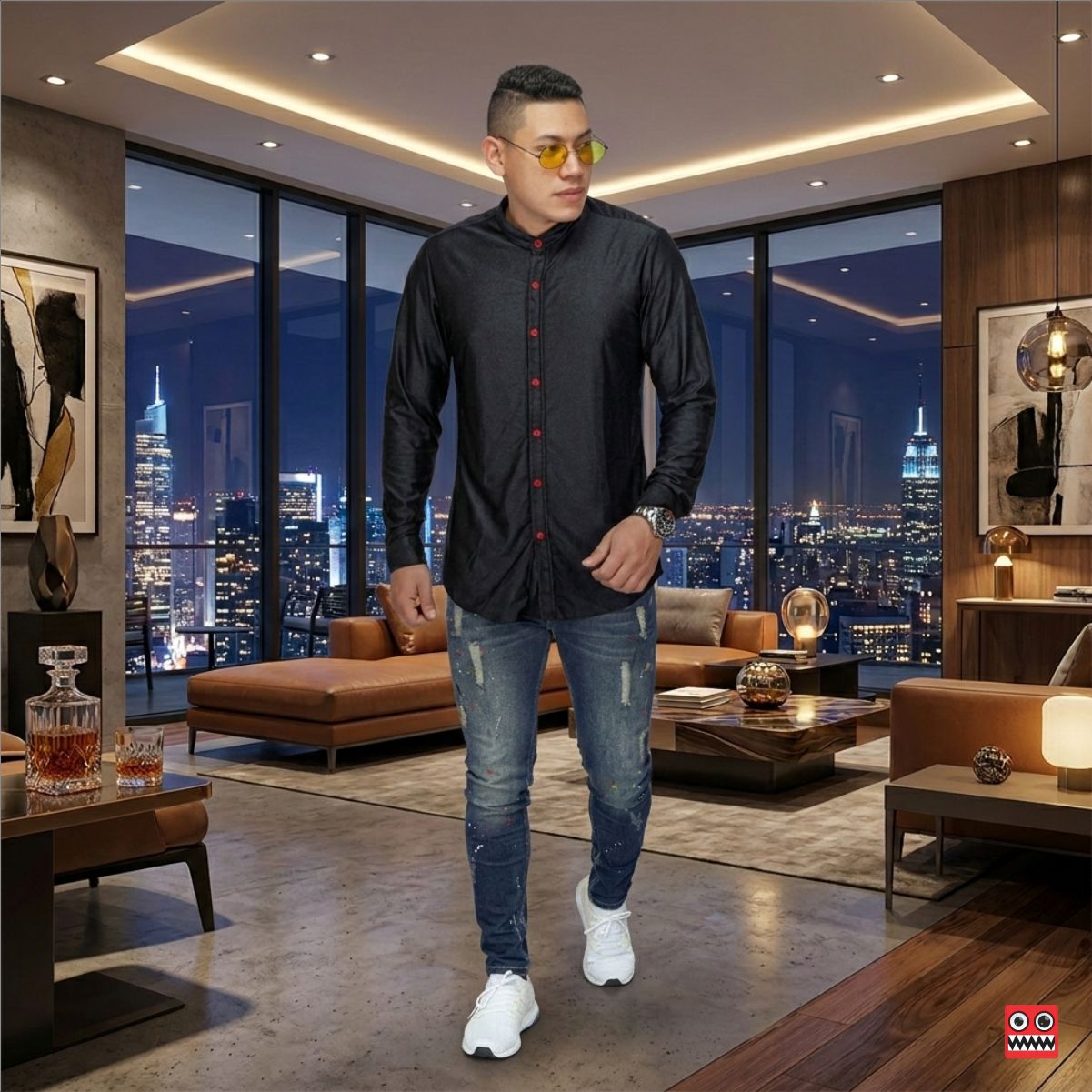 Camisa Manga Larga Radian Black Cuello Mao